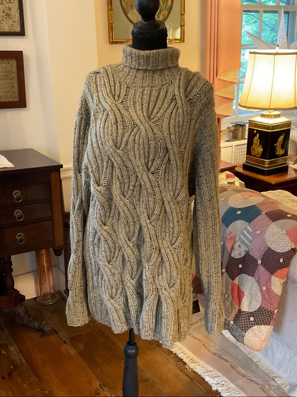 Vintage Donna Karan Turtleneck Cable Knit Wool Blend Sweater.